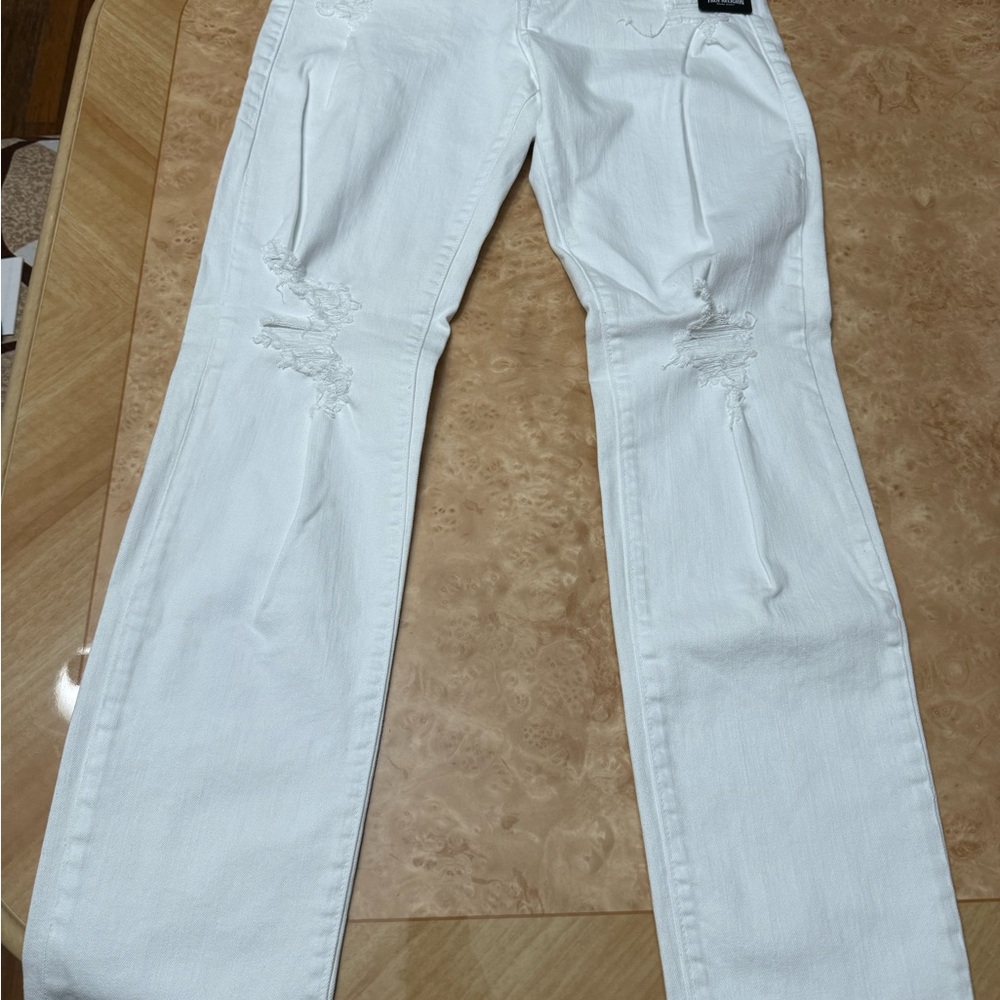 True Religion Men's Geno Renegade Distressed Ripped Relaxed Slim Fit White Jeans